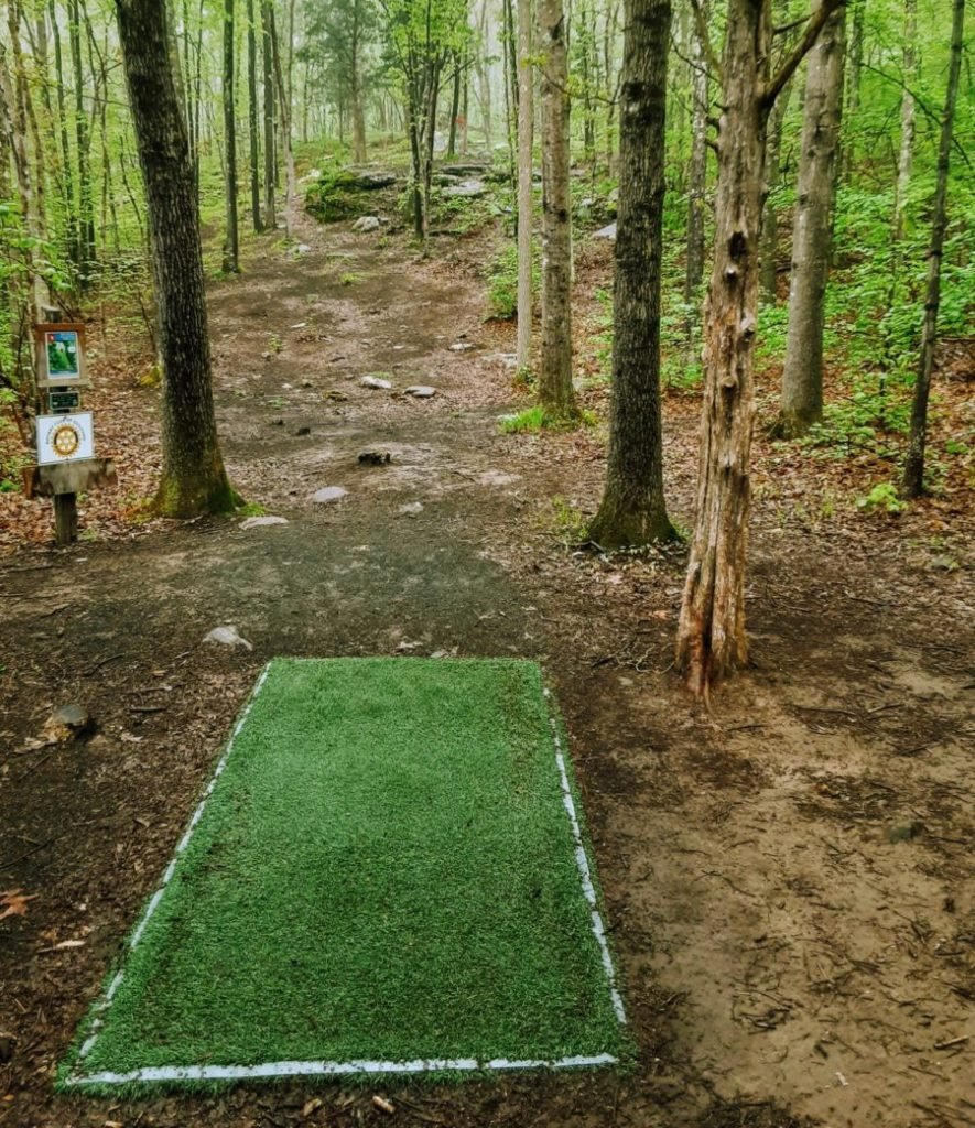disc golf tee pad with woods behind