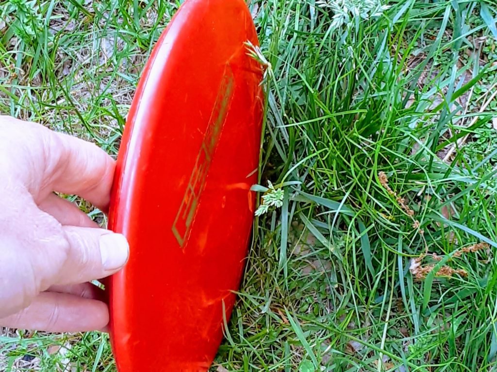 Red disc held by hand on its edge