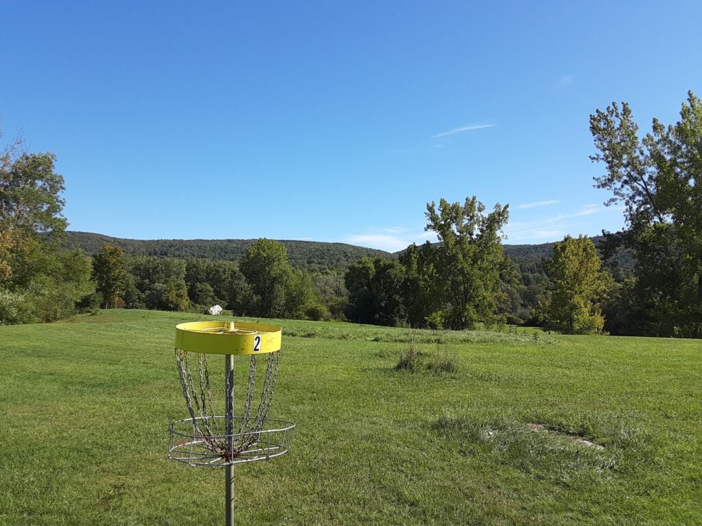 disc golf basket for hole 2 at Kirvin Park