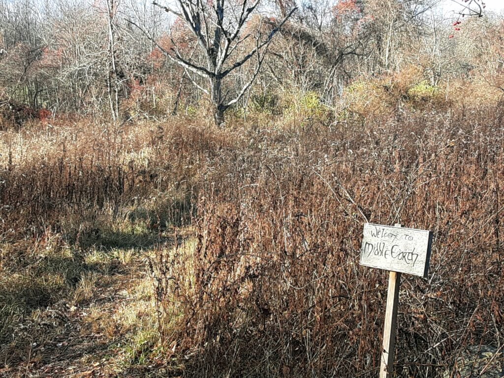 Sign saying Middle Earth in front of high grass