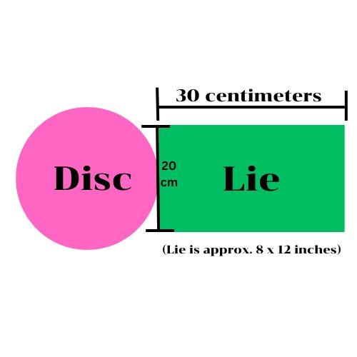 Pink circle and Green rectangle depicting the legal lie for disc golf (20cm x 30cm)