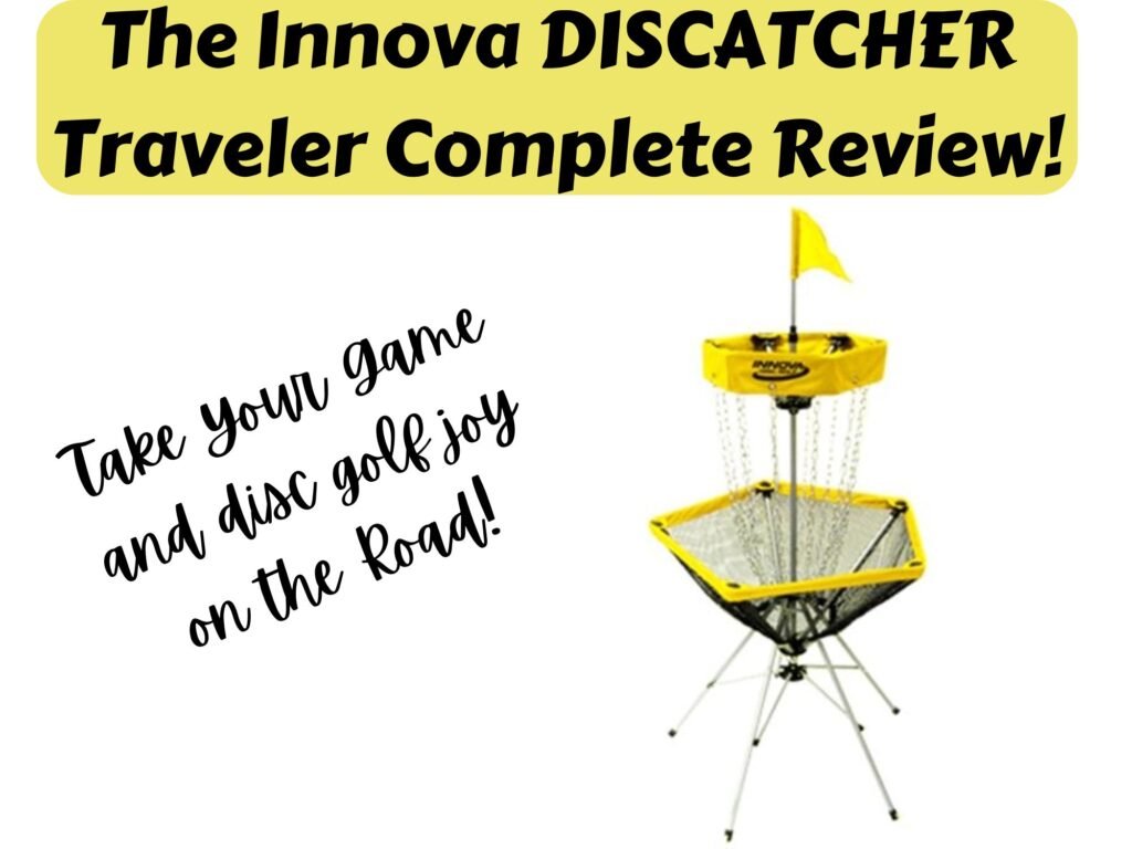 yellow Innova DISCatcher Traveler next to phrase "Take your game and disc golf joy on the road!"