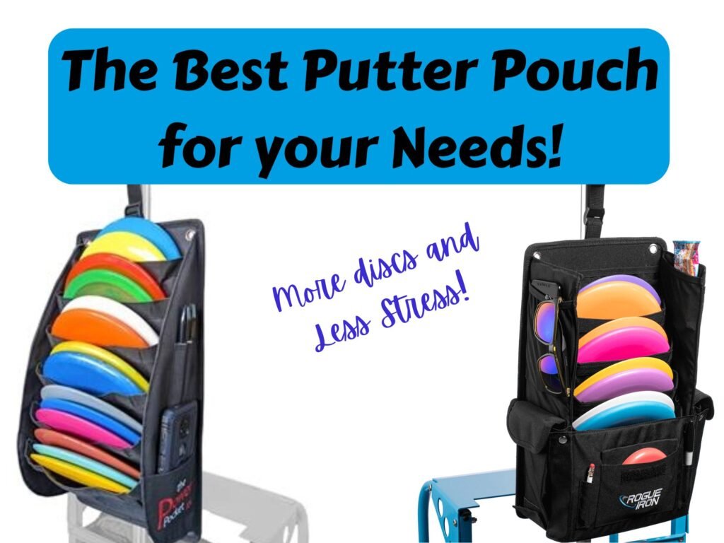 Disc golf putter pouches holding many discs on a cart handle.