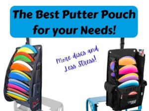 Disc golf putter pouches holding many discs on a cart handle.