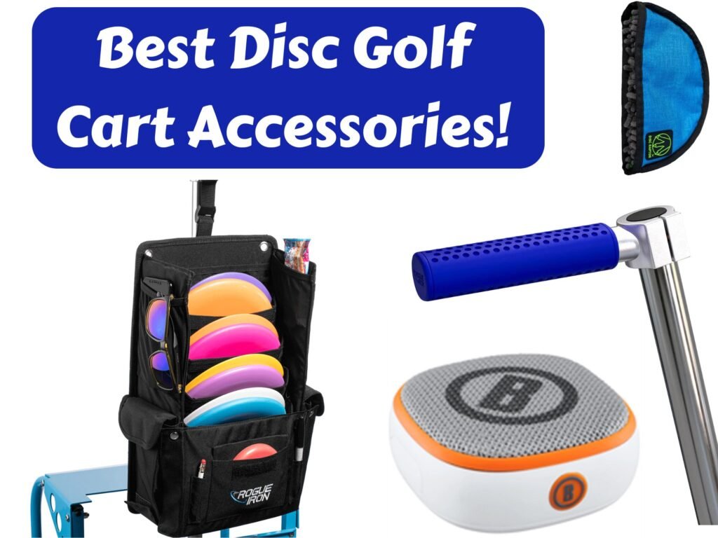 Images of various disc golf cart accessories like handle, putter pouch, speaker, and more.